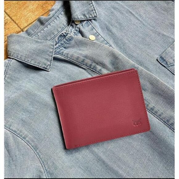 Real Leather Men's Bi fold Wallet RFID Blocking Slim Carry Bag Pocket Thin RED - Picture 5 of 5